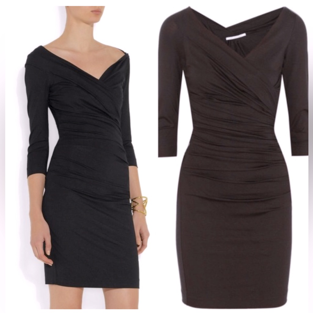 Diane Von Furstenberg Dvf Bentley Ruched Short Dress 3/4 Sleeves - Black, Sz